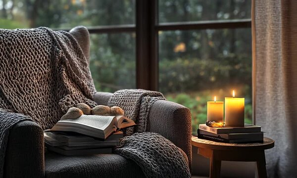 Cozy indoor setting featuring a soft knitted blanket draped over an armchair, an open book on a side table, and illuminated candles creating a warm and inviting atmosphere