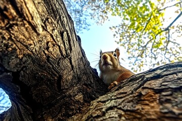 Fototapeta premium A cute red squirrel peeking from behind the tree