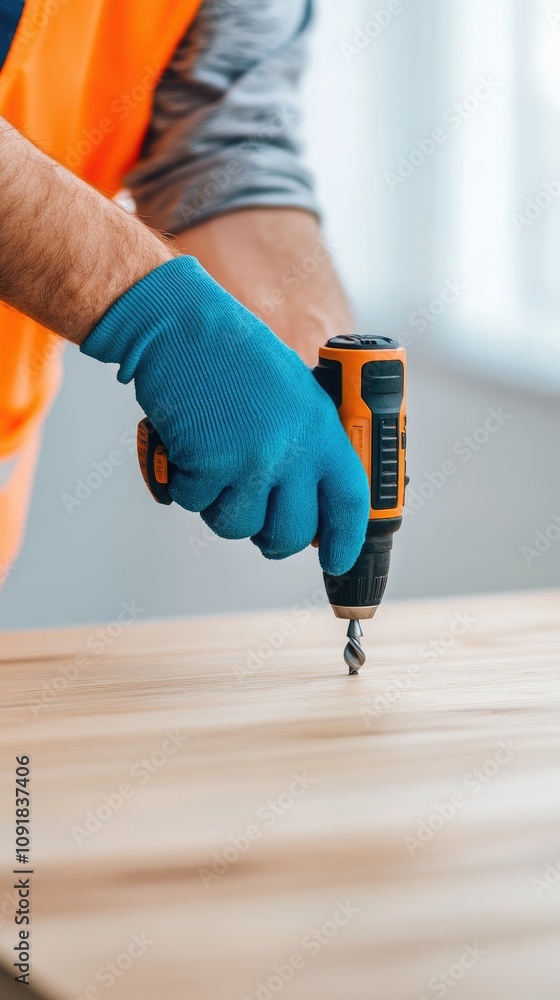 Poster mastering woodworking skills with a power drill on a handcrafted table in a bright workspace