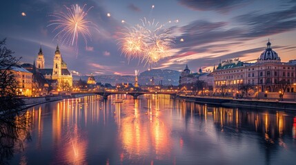 Obraz premium Cityscape at dusk with fireworks over a river and illuminated buildings.