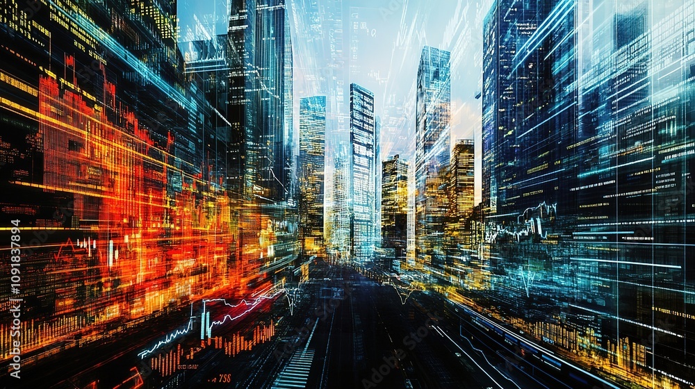 Poster a futuristic city skyline with glowing lines and data streams.