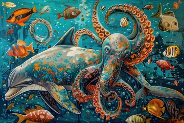 Fototapeta premium Underwater life showcases harmonious interaction between an octopus and a dolphin among vibrant fish and coral reefs in a colorful ocean setting