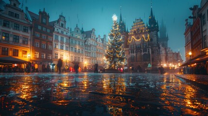 Naklejka premium A festive city square with a Christmas tree and historical buildings.