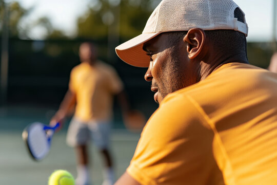 Sport, active lifestyle concept. Men playing padel tennis on outdoor court on a sunny day