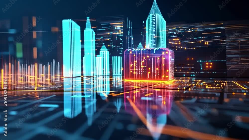 Poster futuristic digital circuit board with glowing components in a darkened tech environment