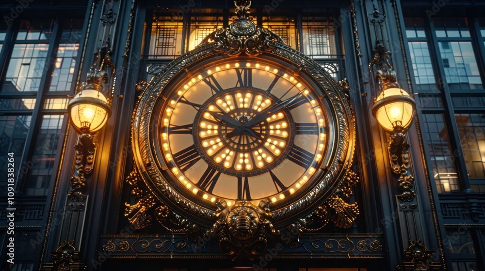 Poster ornate clock with illuminated numbers in a historic building.