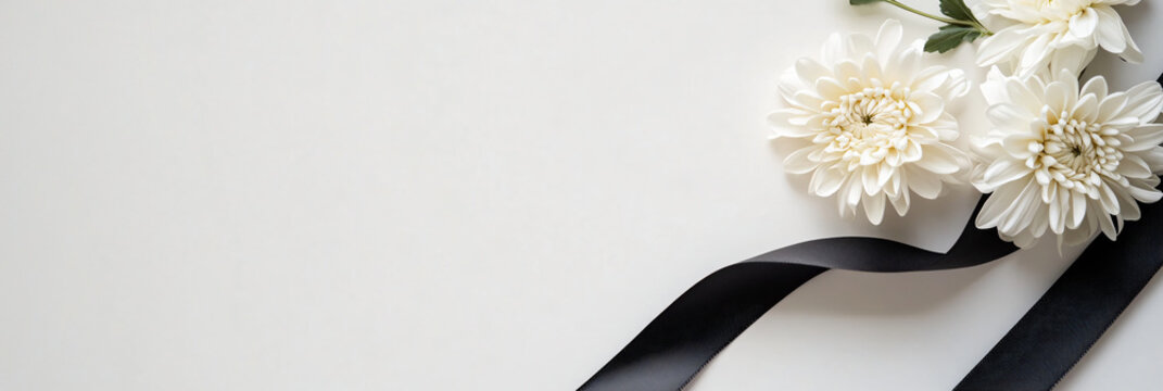Two White chrysanthemums or daisies with black ribbon on white background. Template banner funeral mourner symbol, for obituary, farewell services, condolences and funeral invitation, space for text
