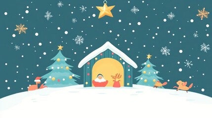 Fototapeta premium A snowy Christmas scene with a manger, a star, trees, and animals.