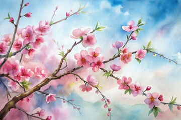 Fototapeta premium Blossoming cherry tree branches against a serene sky at sunrise