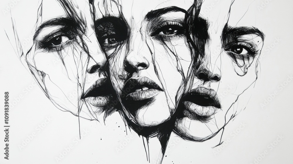 Aufkleber intricate ink portraits depict three faces, each showcasing unique emotions with dramatic shadows an