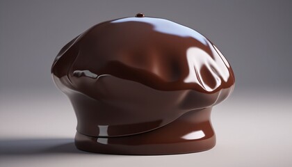 A beret made from glossy chocolate, shaped into a smooth, rounded form, resting on a stand, Generative AI