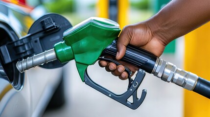 Filling up a vehicle with green gas at a busy fuel station amidst colorful pumps during a sunny day