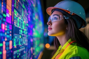 Young Female Engineer in Hard Hat and Safety Vest Analyzing Data on Interactive Display in Modern Technology Environment