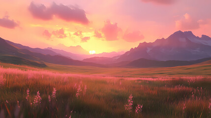 Fototapeta premium Serene mountain landscape at sunset. Golden Hour Meadow. Illustration