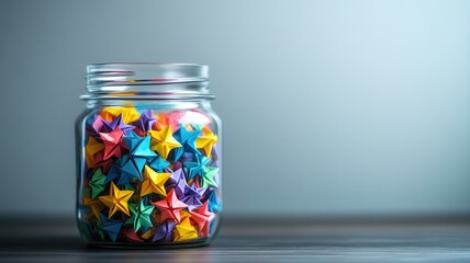 Colorful paper stars in transparent glass jar on dark surface