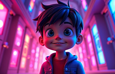 Smiling animated character in colorful neon environment