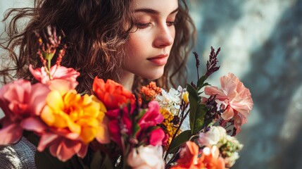 Naklejka premium Woman holding a bouquet of colorful flowers in soft lighting