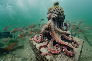 Fototapeta premium Underwater scene showcasing an octopus among vibrant marine life near an ancient structure