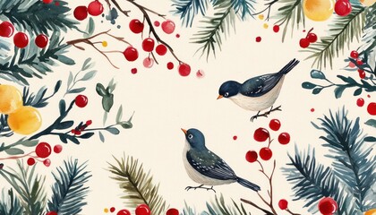 Obraz premium Watercolor painting of two birds on branches with berries and pine needles, creating a festive winter frame.