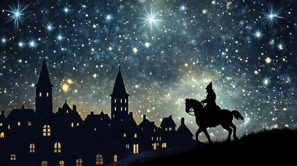 A lone rider on horseback travels past a village under a starry night sky.