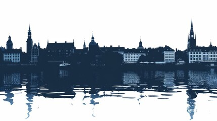 Fototapeta premium Navy blue silhouette of Copenhagen skyline reflecting on water, capturing architectural beauty and urban elegance