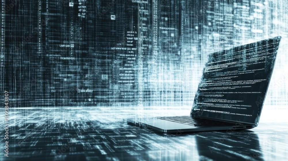 Poster code-filled laptop screen in digital data environment