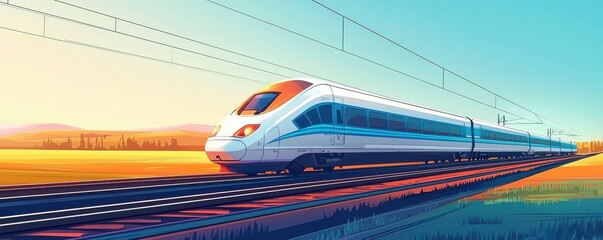 High-speed train traveling through scenic countryside at sunrise