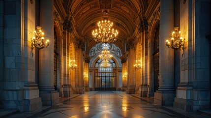 Obraz premium Elegant hallway with chandeliers and ornate architectural details.