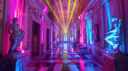Obraz premium A vibrant hallway illuminated by colorful lights and sculptures.