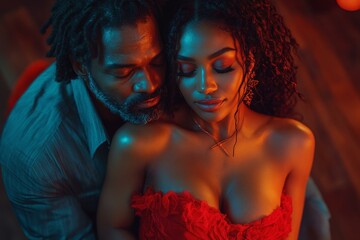 Obraz premium Romantic couple in passionate tango embrace, illuminated by warm and moody lighting, symbolizing love and connection