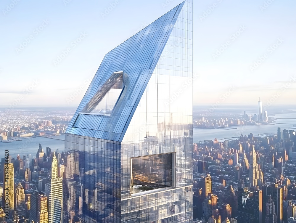 Poster a modern skyscraper with a unique angular design overlooking a cityscape at sunrise.