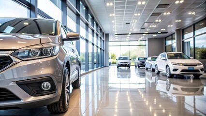 Close-up of a new luxury car parked in a modern showroom, highlighting sleek design and the contemporary car dealership office setting, ideal for showcasing high-end vehicles for sale.