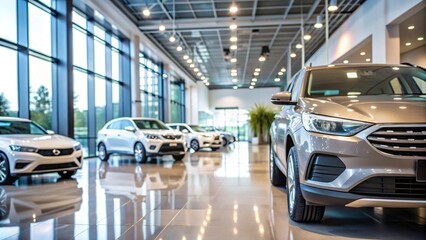 Close-up of a new luxury car parked in a modern showroom, highlighting sleek design and the contemporary car dealership office setting, ideal for showcasing high-end vehicles for sale.
