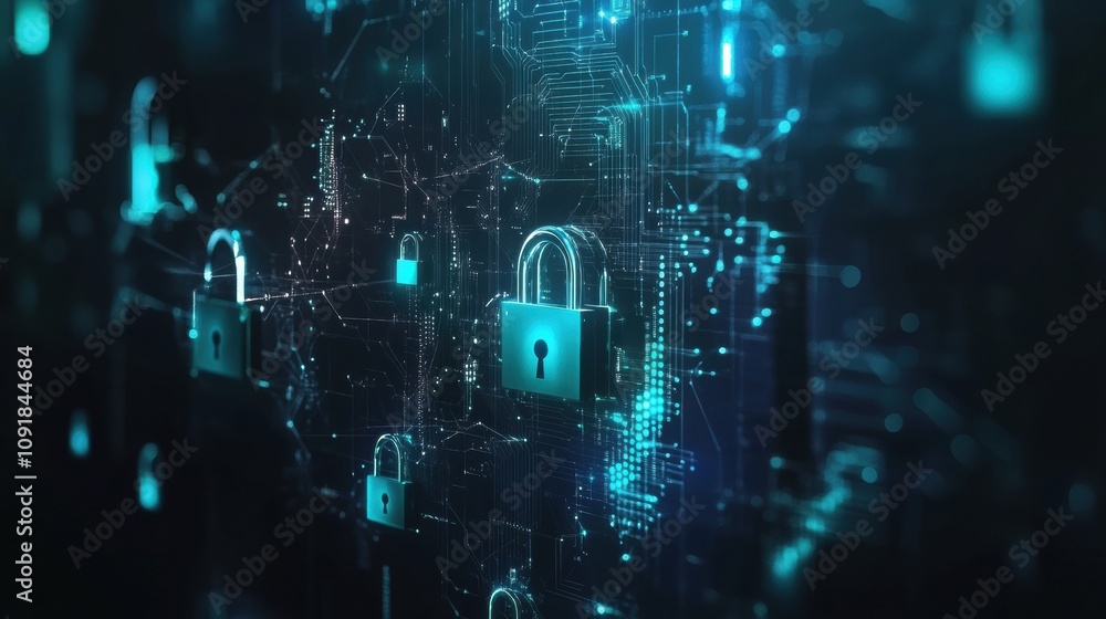 Aufkleber Complex interplay of padlocks and keys forms a digital landscape highlighting themes of security, technology, and data protection. Generative AI