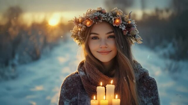 Slavic girl with herbal wreath on head holding burning candle on blurred winter background. Fantasy woman celebrating winter solstice holiday, Yule, Imbolc, Samhain, Koliada. Ethno folk style