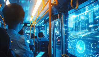 modern commuters using technology on bus illuminated by neon lights during the night, passengers in futuristic transportation vehicle with glowing screen and console, transport of future