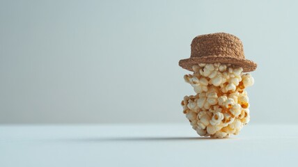 Popcorn kernel wearing small straw hat against grey background