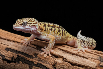 Obraz premium A small lizard is sitting on a log. The lizard is brown and white with black spots. The lizard is looking at the camera. Black background