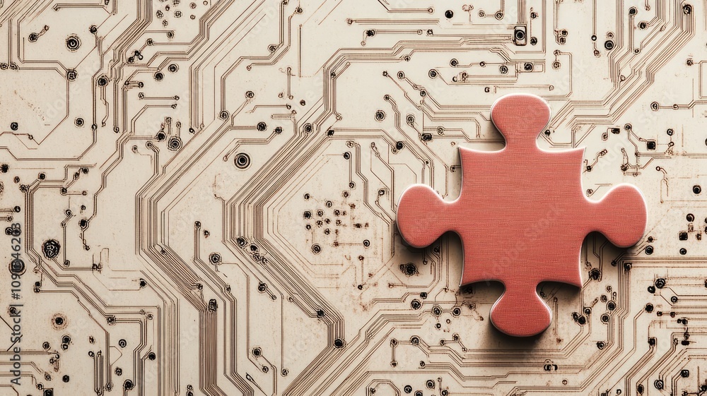 Poster puzzle piece on circuit board symbolizing technology integration and problem-solving