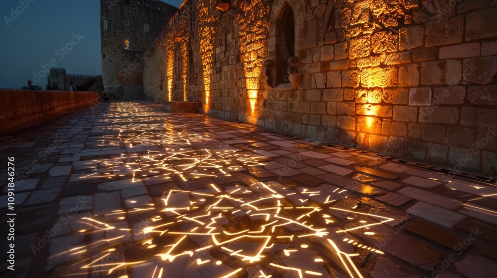 Aufkleber illuminated stone pathway with decorative patterns at dusk.