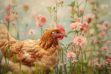 A brown hen wanders through a colorful flower garden filled with blooming pink flowers under the warm sun, adding life and charm to the serene setting.