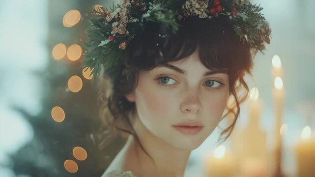 Slavic girl with herbal wreath on head holding burning candle on blurred winter background. Fantasy woman celebrating winter solstice holiday, Yule, Imbolc, Samhain, Koliada. Ethno folk style