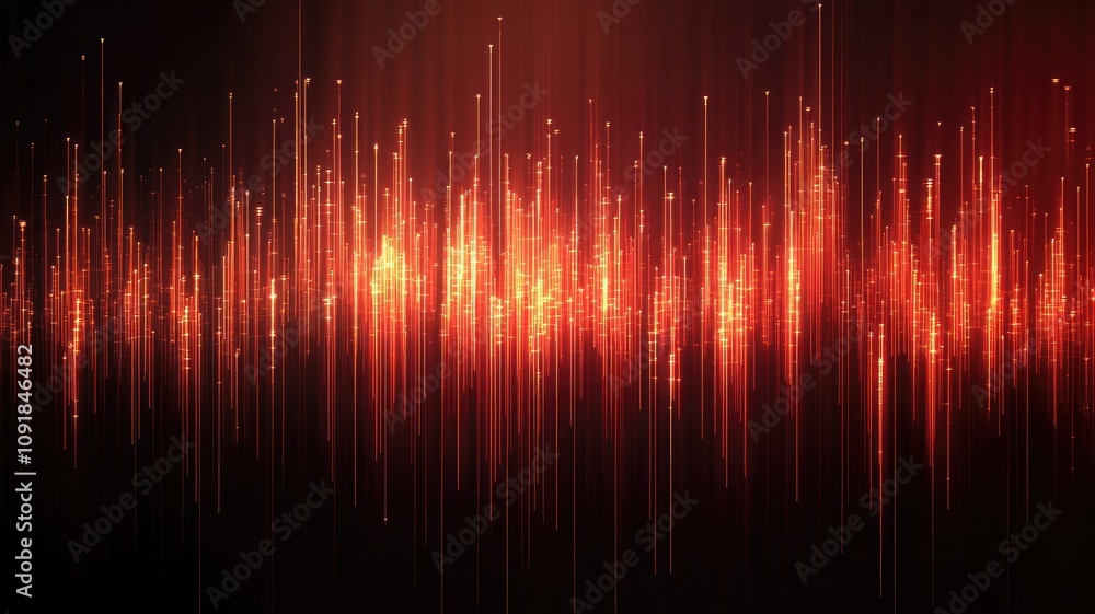 Poster abstract visualization of vibrant soundwave with glowing vertical lines on dark background