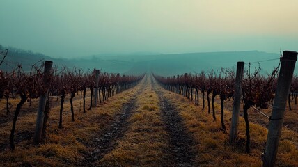 Obraz premium Foggy vineyard landscape with rows of bare grapevines stretching into distance