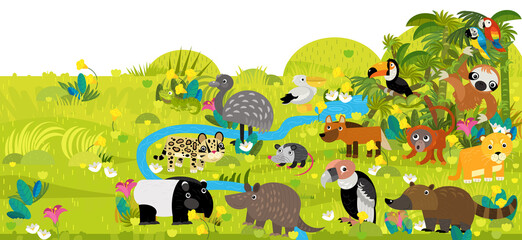 Obraz premium cartoon south america scene with animals ant eater alpaca wolf monkey parrot birds cats by the pond illustration for children