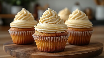 Three Delicious Vanilla Cupcakes On Wooden Stand