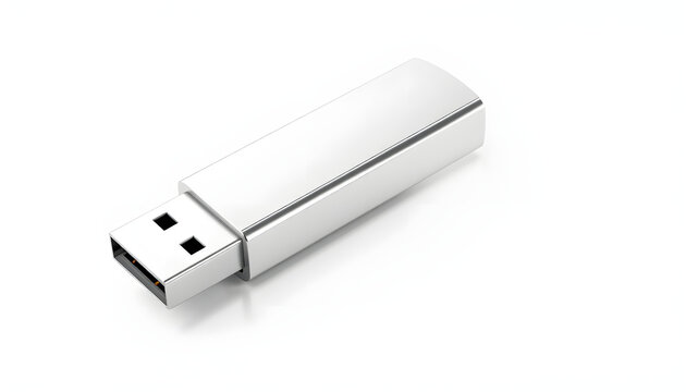Silver USB flash drive mockup technology data storage device isolated with white highlights, png