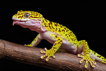 Fototapeta premium A yellow and brown lizard is on a branch. The lizard has a tongue sticking out. The lizard is on a dark background. Black background