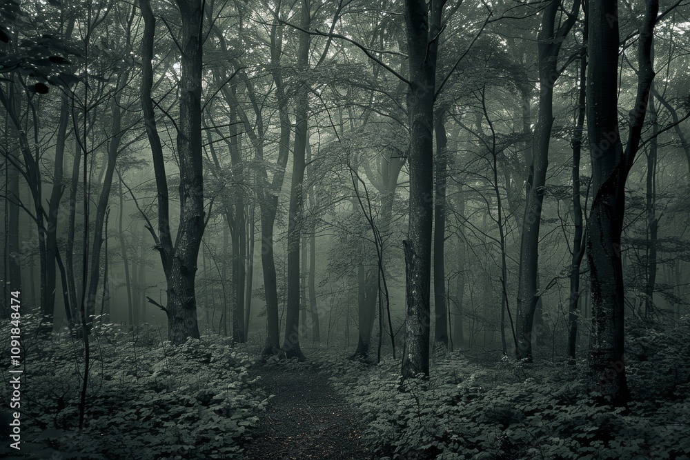 Poster a tranquil pathway winds through a dense forest, surrounded by tall trees and enveloped in a misty a