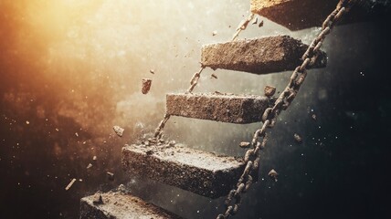 Stone steps suspended by chains, gradually breaking apart in mystical, glowing atmosphere